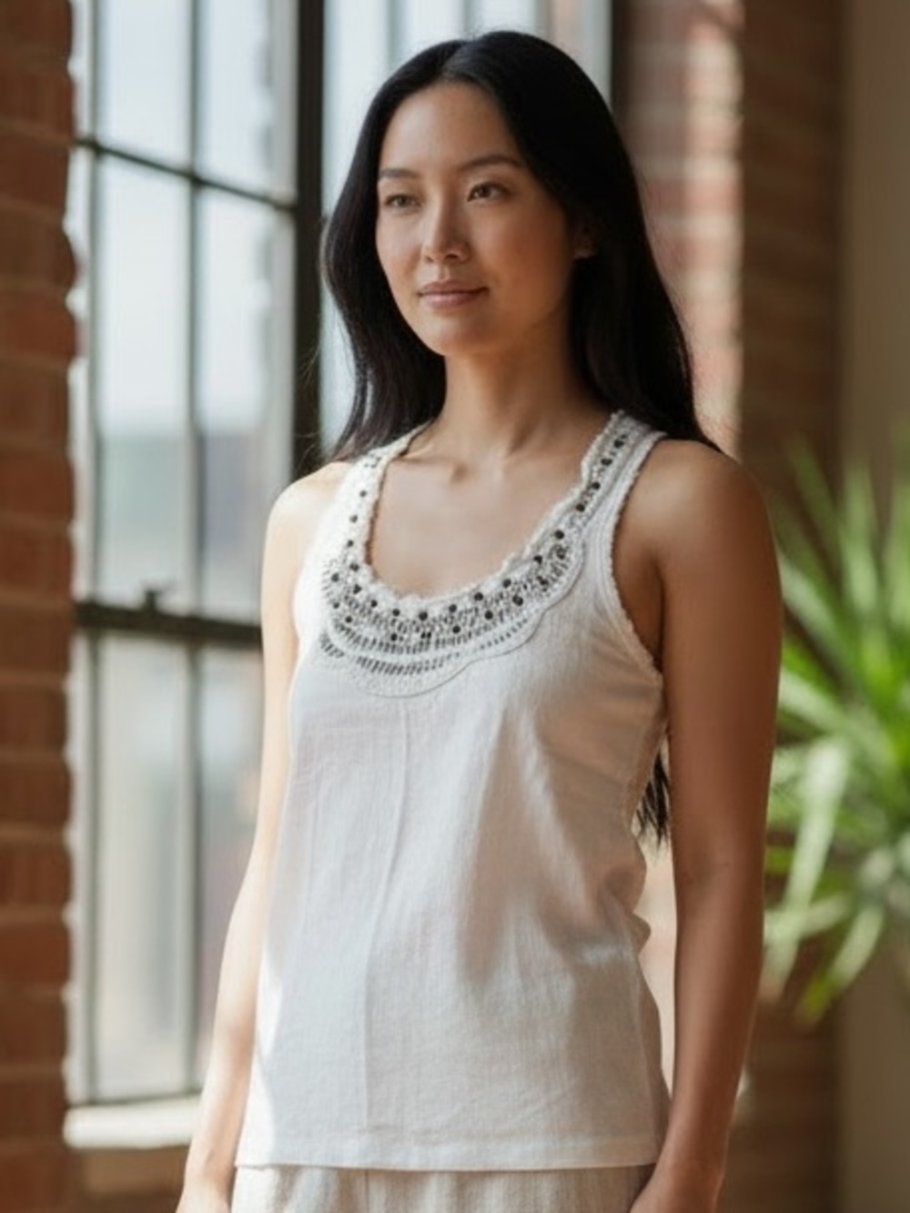 Banana Republic Petite XXS 100% Cotton Fully Lined Beaded Boho Sleeveless Top